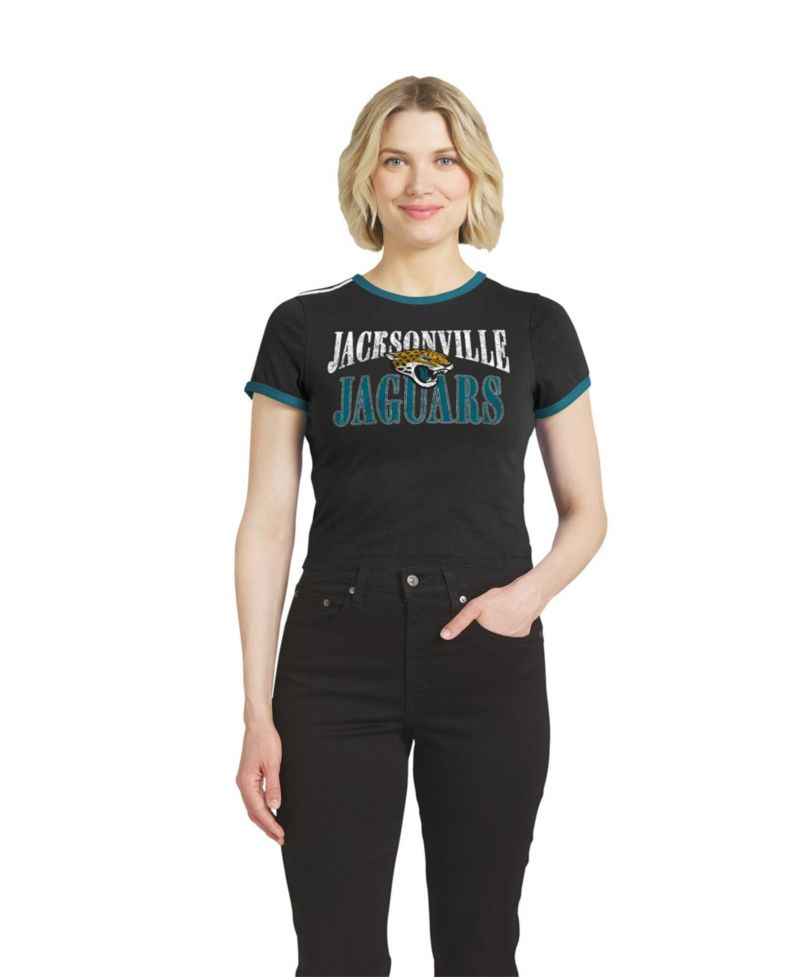 Women's Black Jacksonville Jaguars Cropped Throwback Ringer Baby T-Shirt
