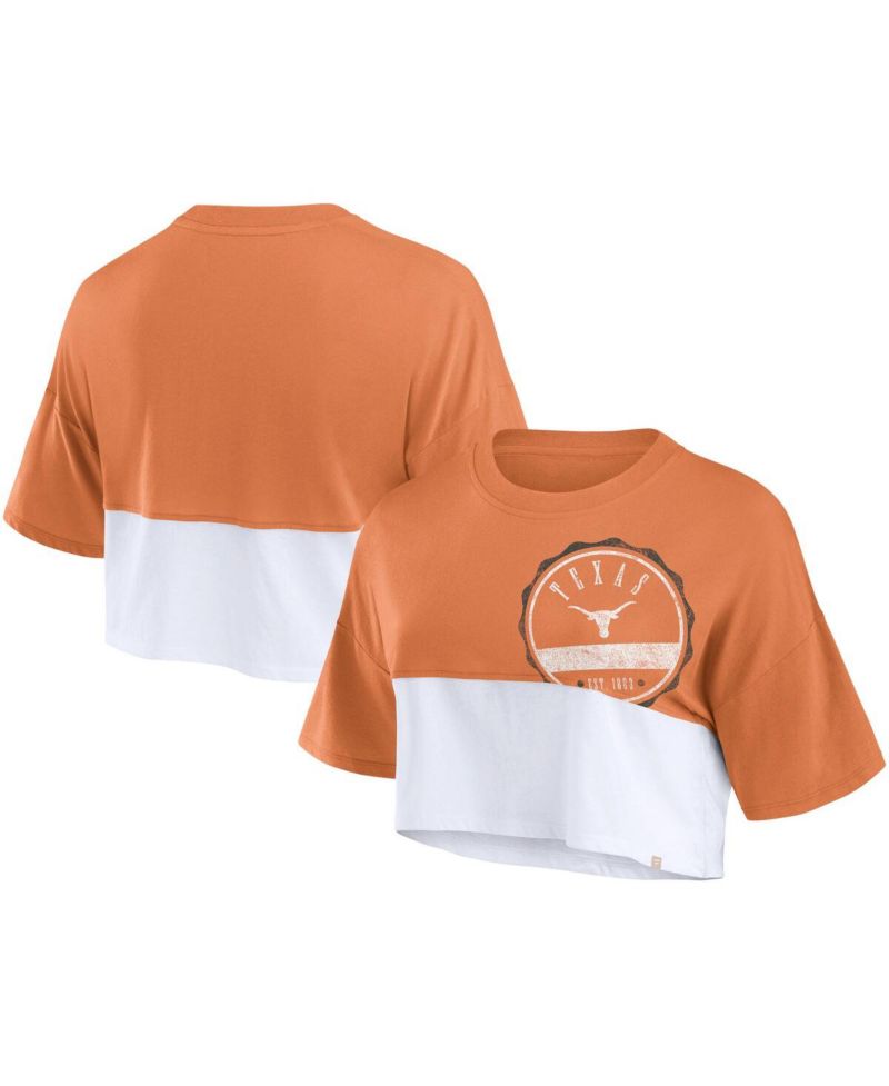 Women's Texas Orange, White Distressed Texas Longhorns Oversized Badge Colorblock Cropped T-shirt
