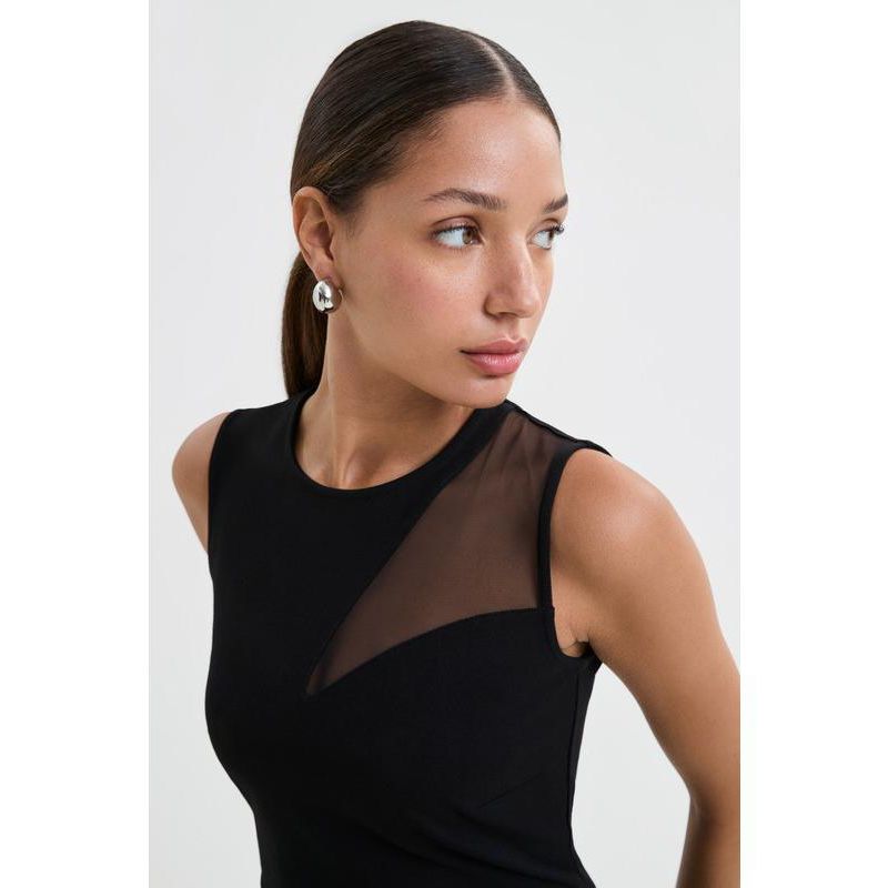 Women's Bryant Round-Neck Mesh-Shoulder Sleeveless Back-Slit Midi Dress