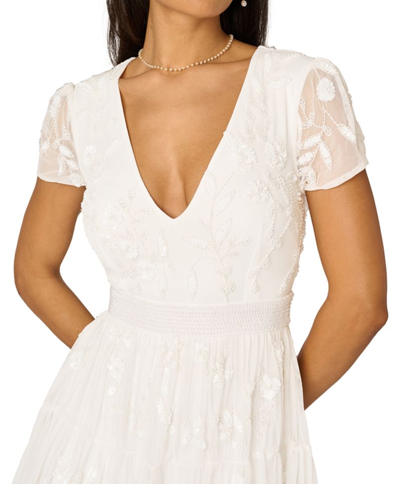 Women's V-Neck Beaded Mesh Dress
