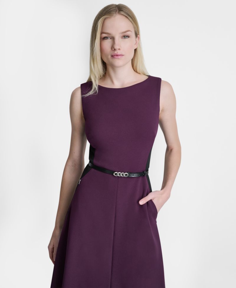 Women's Sleeveless Boat Neck Belted Midi Dress