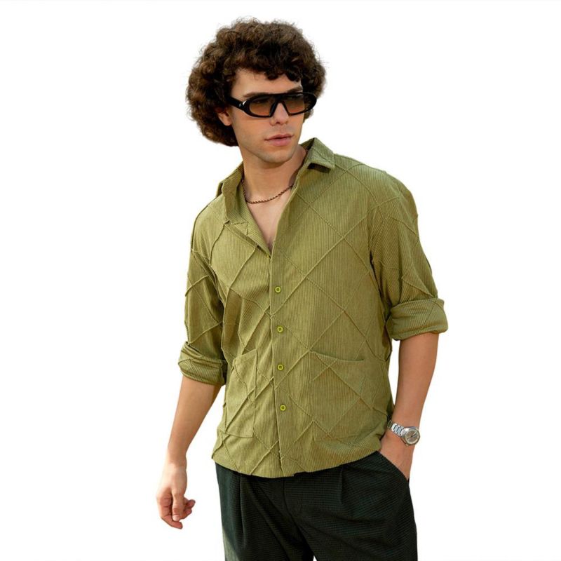 Men's Pistachio Green Grid-Corduroy Shirt