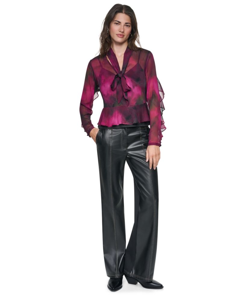 Women's Long-Sleeve Wavy Print Tie-Neck Chiffon Blouse