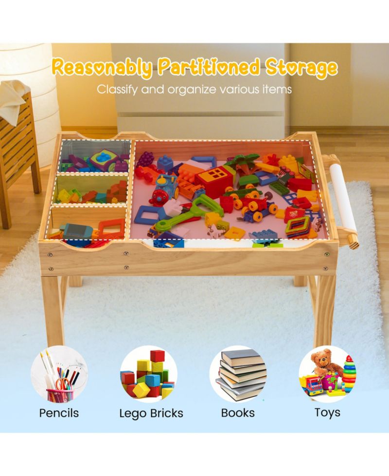 Kids Multi Activity Play Table Wooden Building Block Desk with Storage Paper Roll