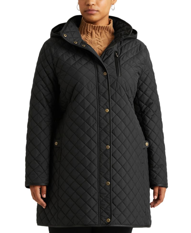 Plus Size Hooded Quilted Faux-Suede-Trim Coat