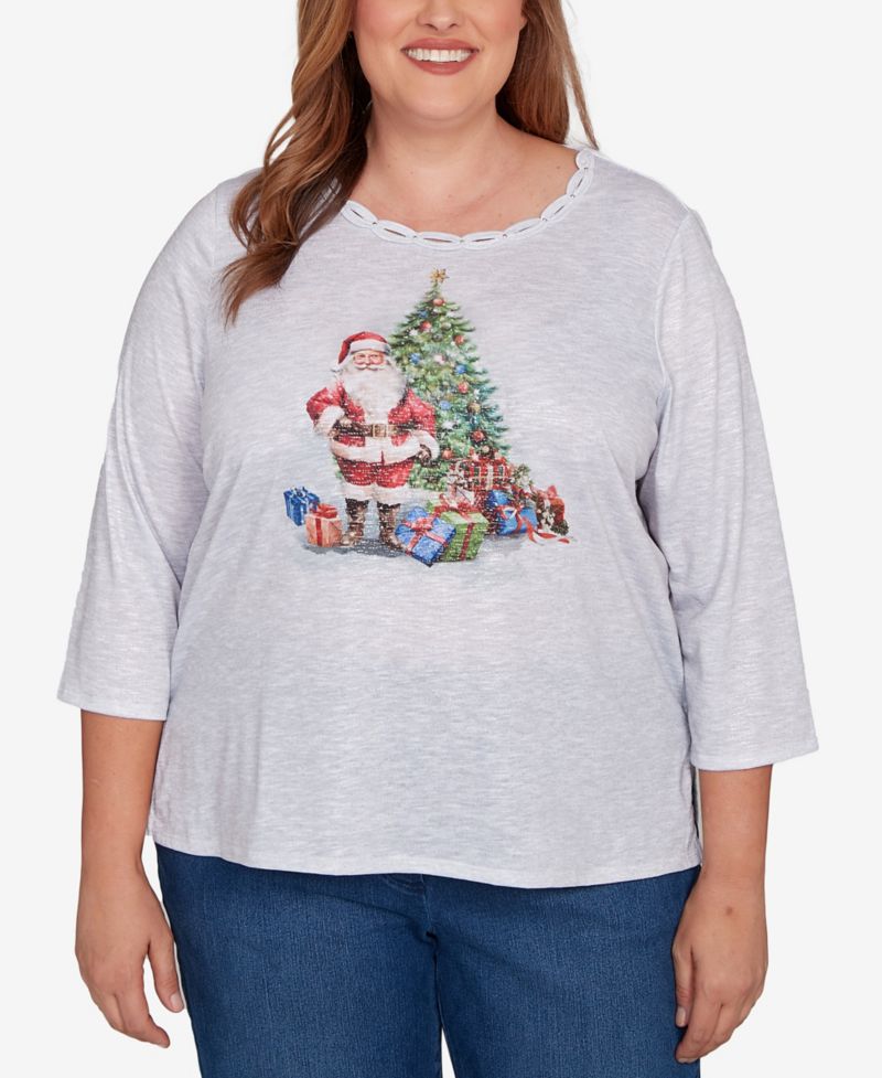 Plus Size Classic Santa and Tree Print Crew Neck Top