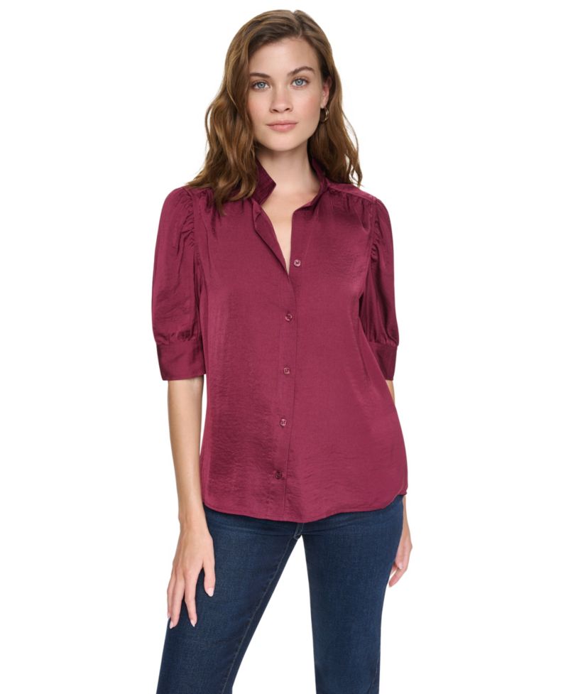 Women's Puff Sleeve Shirt With Stand Collar