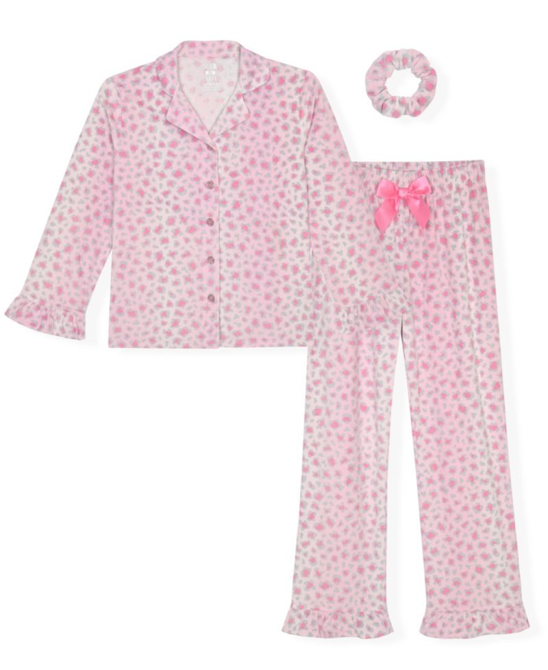 Girls' 5-16 Velour Print Long-Sleeve Ruffle-Trim Pajama and Scrunchie, 3-Piece Set