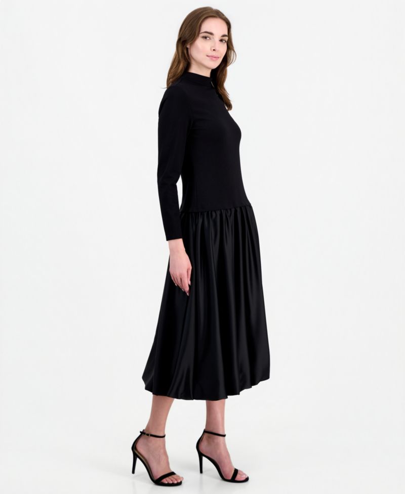 Women's Drop-Waist Mock-Neck Bubble-Skirt Dress
