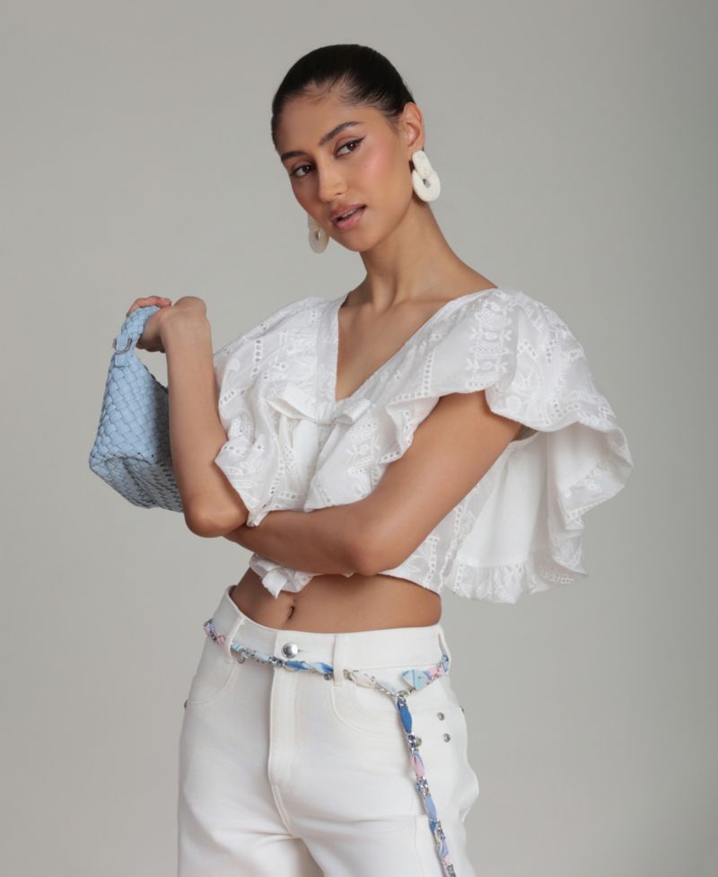 Women's V-Neck Tie-Detail Bubble Top