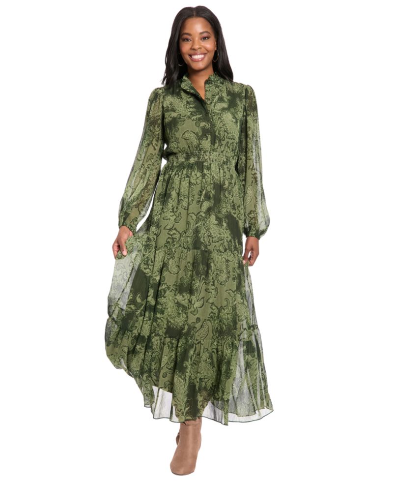 Women's Printed Tiered Mock Neck Maxi Dress