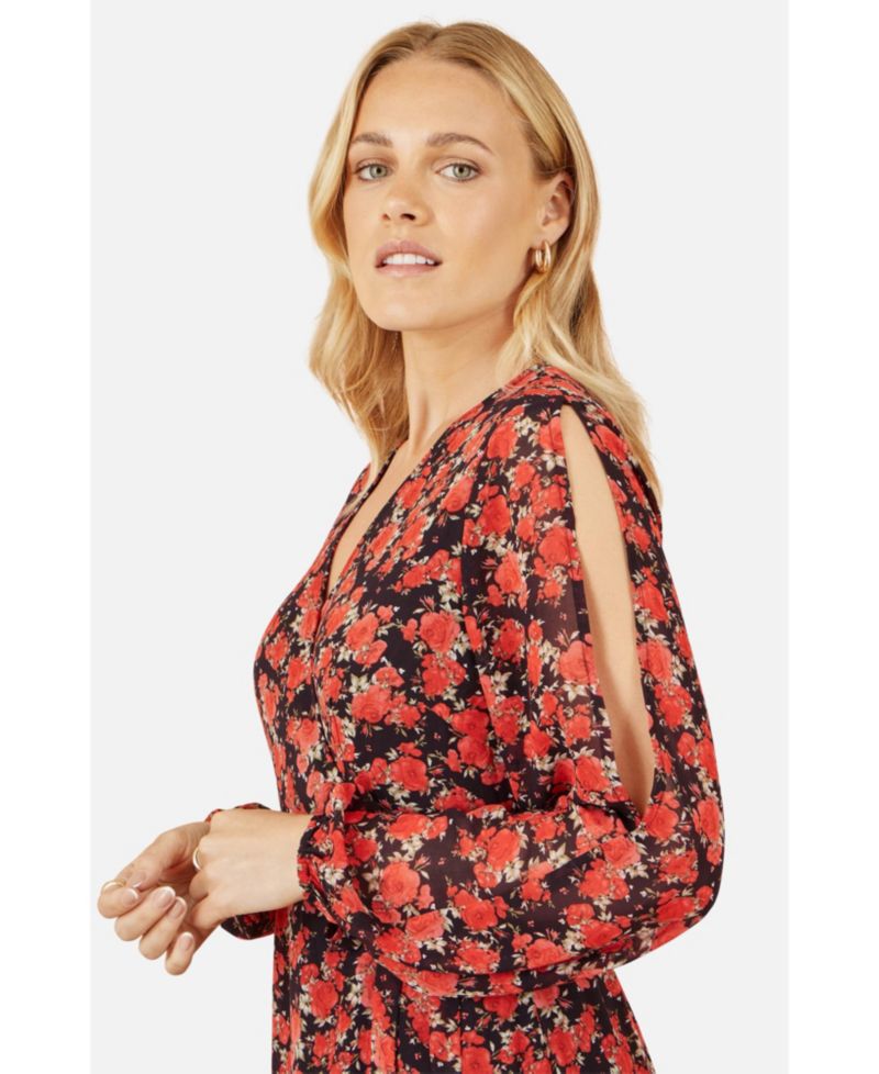 Women's Rose Print Dipped Hemline Midi Dress