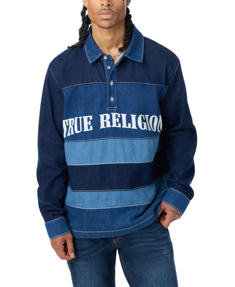 Men's Denim Striped Long-Sleeve Polo Shirt