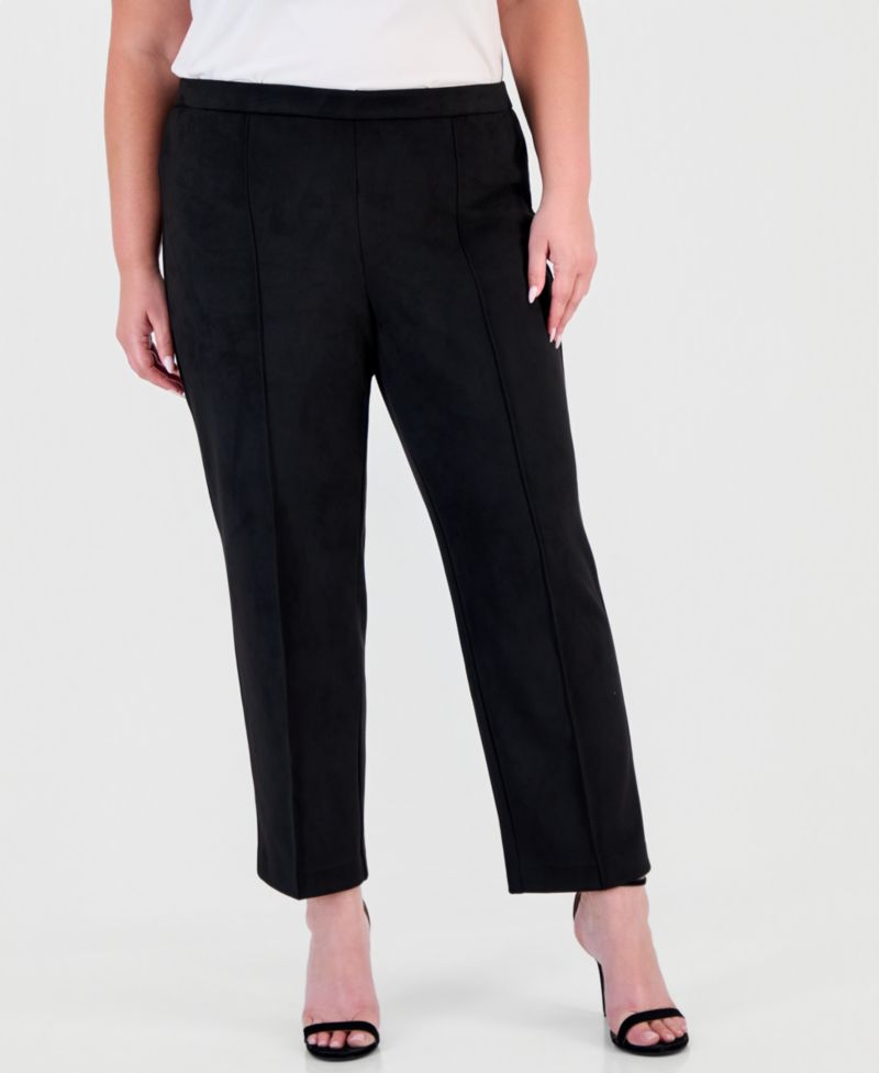 Plus Size Pull-On Pintuck Straight-Leg Scuba Suede Pants