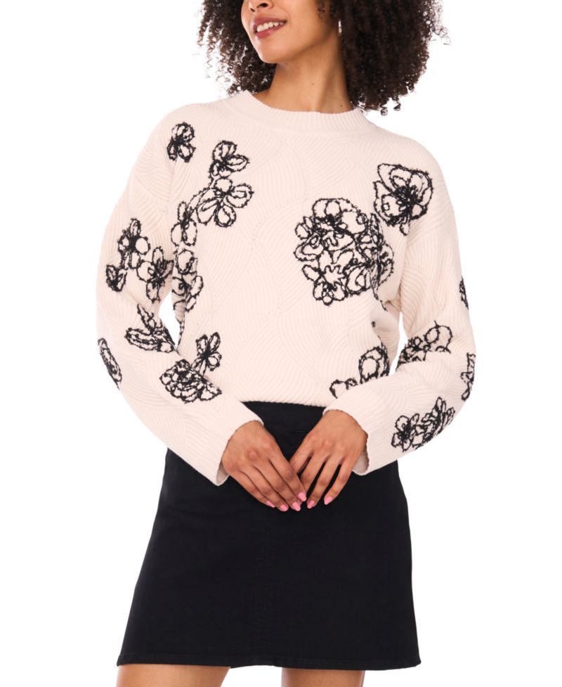 Women's Crewneck Floral-Embroidered Long-Sleeve Sweater