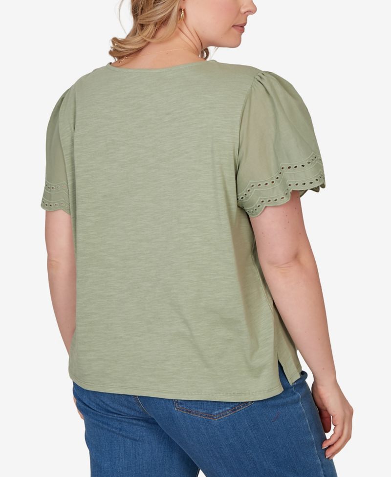 Plus Size Eyelet Poplin-Sleeve Slub Knit Top