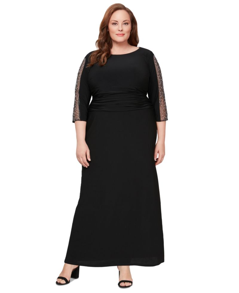 Plus Size Embellished-Sleeve Ruched Gown