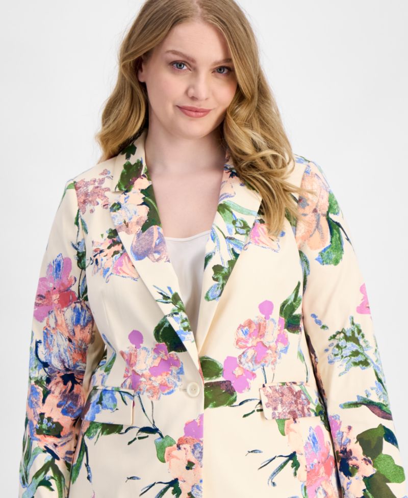 ASL Plus Size Floral Print Single-Button Blazer