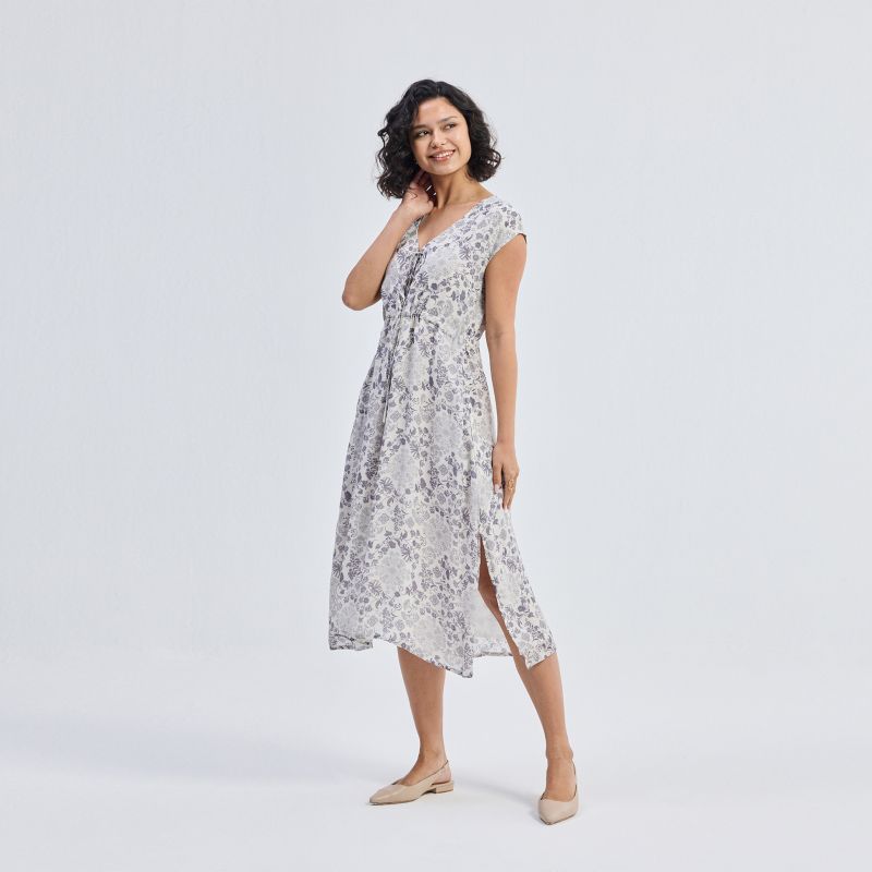 Women's Deep V-neck Gathered Dress in Florals