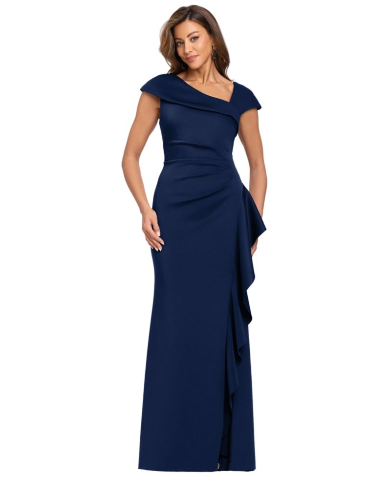 Petite Asymmetric Neck Side Ruffle Gown