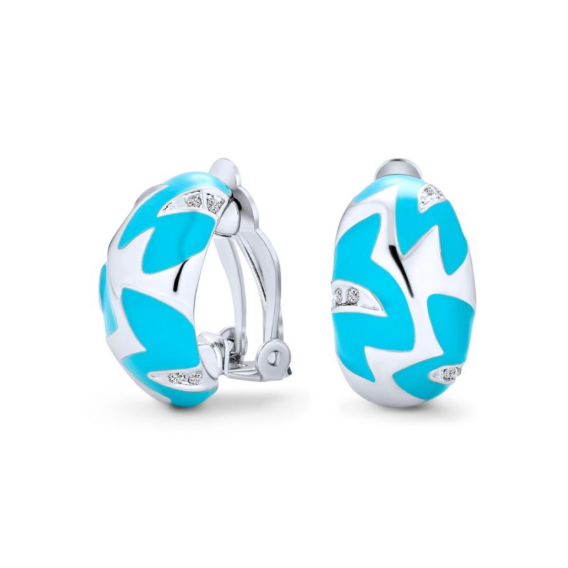 Geometric Turquoise Blue Enamel Zig Zag Clip On Earrings Rhodium Plated