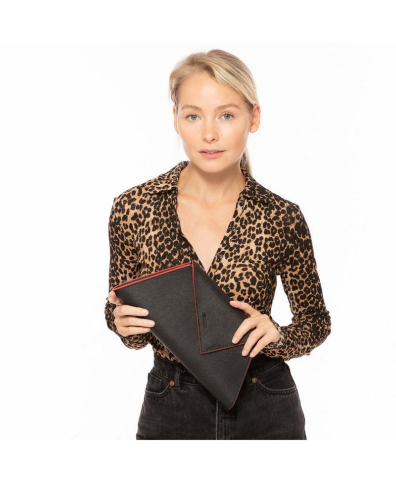 Black Leather Clutch Bag Unique Evening Purse Women's Handbag