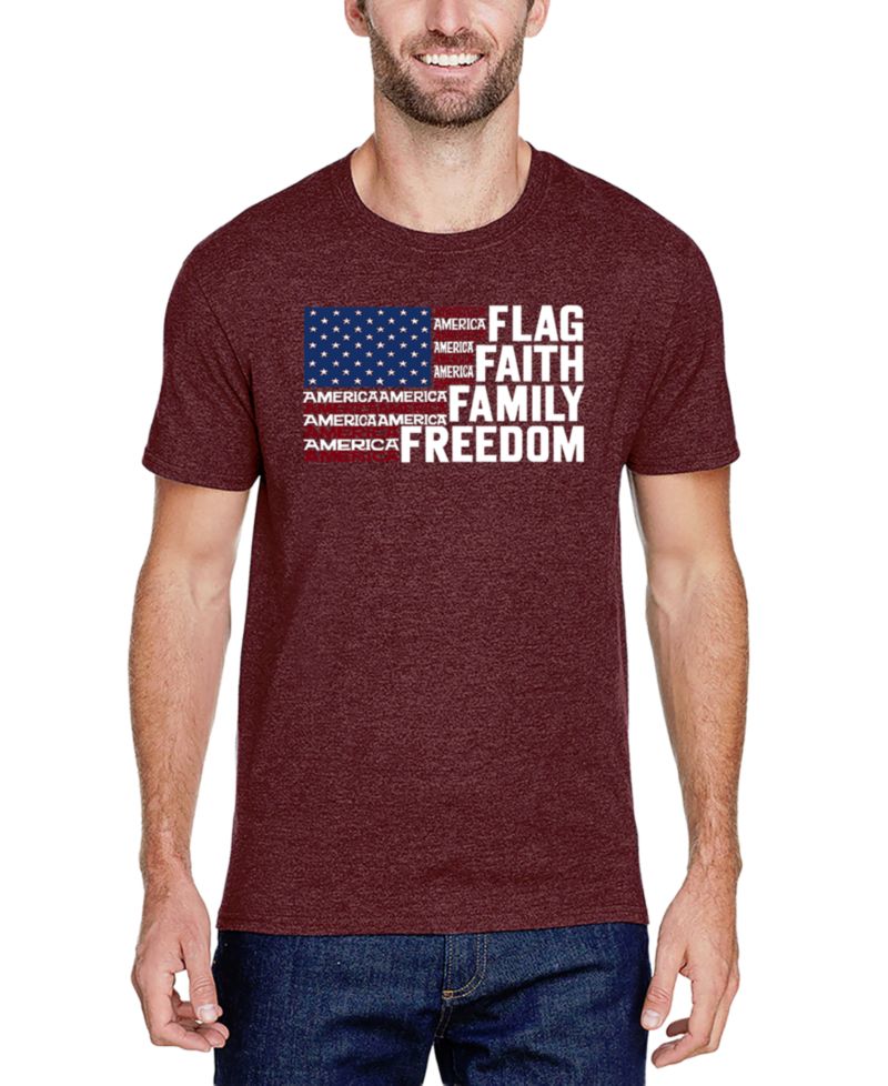 Men's Flag Faith Family Freedom American Flag Word Art Cotton and Polyester Blend T-Shirt