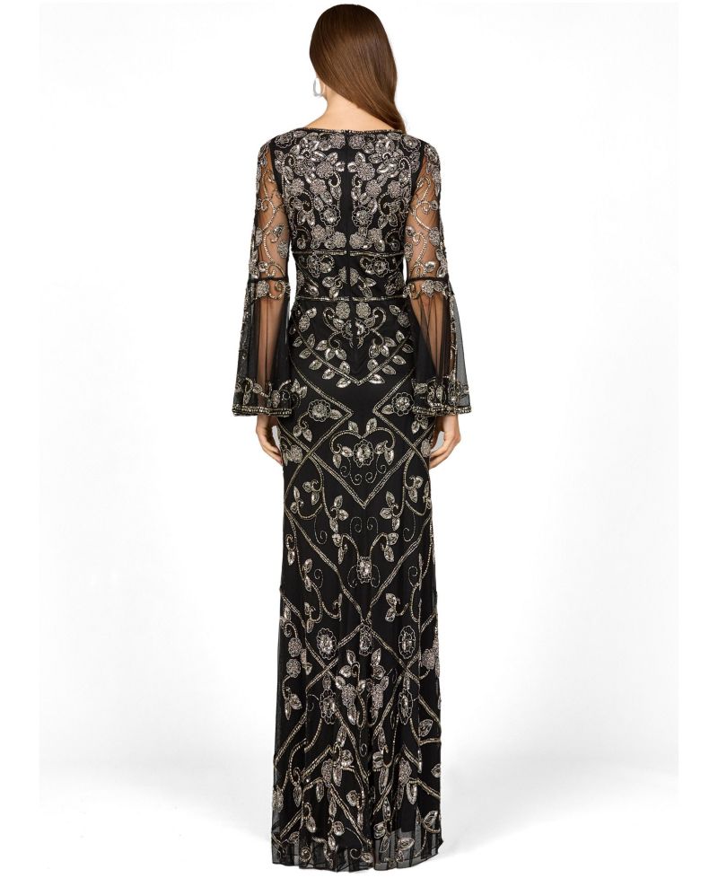 Women's Bell Sleeved High Neck Beaded Gown
