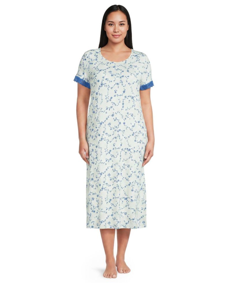 Plus Size Cooling Floral Mid-Calf Short-Sleeve Scoop Neck Nightgown
