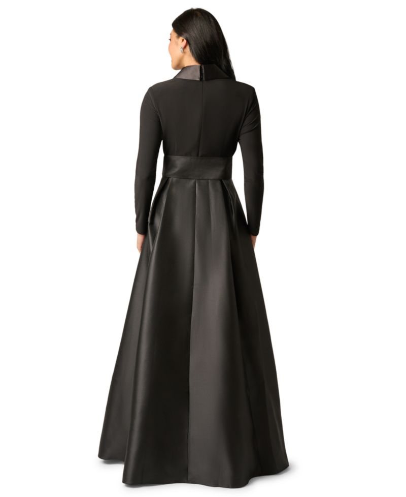 Women's Tuxedo Combo Fit and Flare Long-Sleeve Shawl Collar Satin Gown
