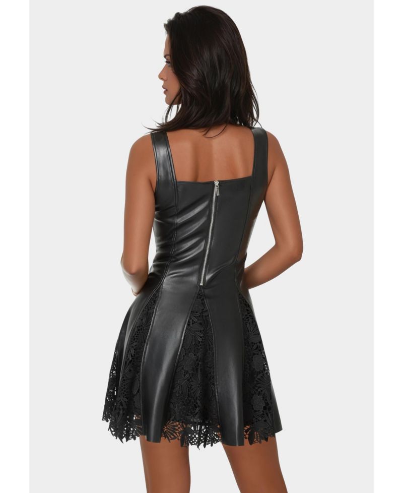 Women's Faux Leather Lace Inset Flare Dress