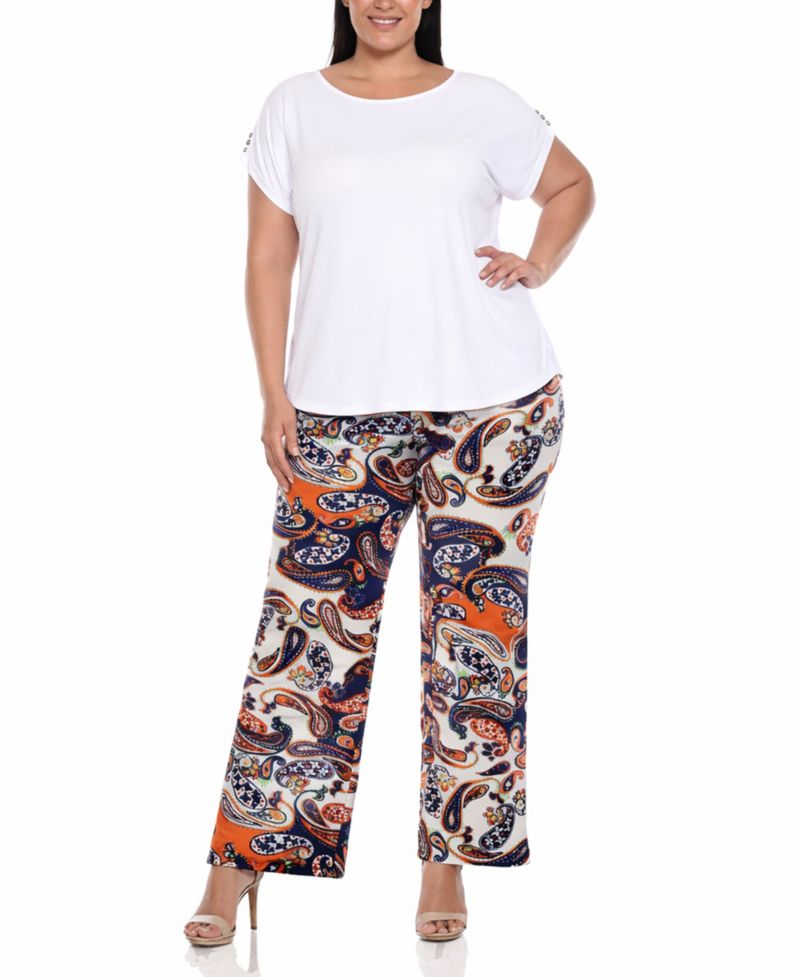 Plus Size Solid Top Paisley Print Pant Set