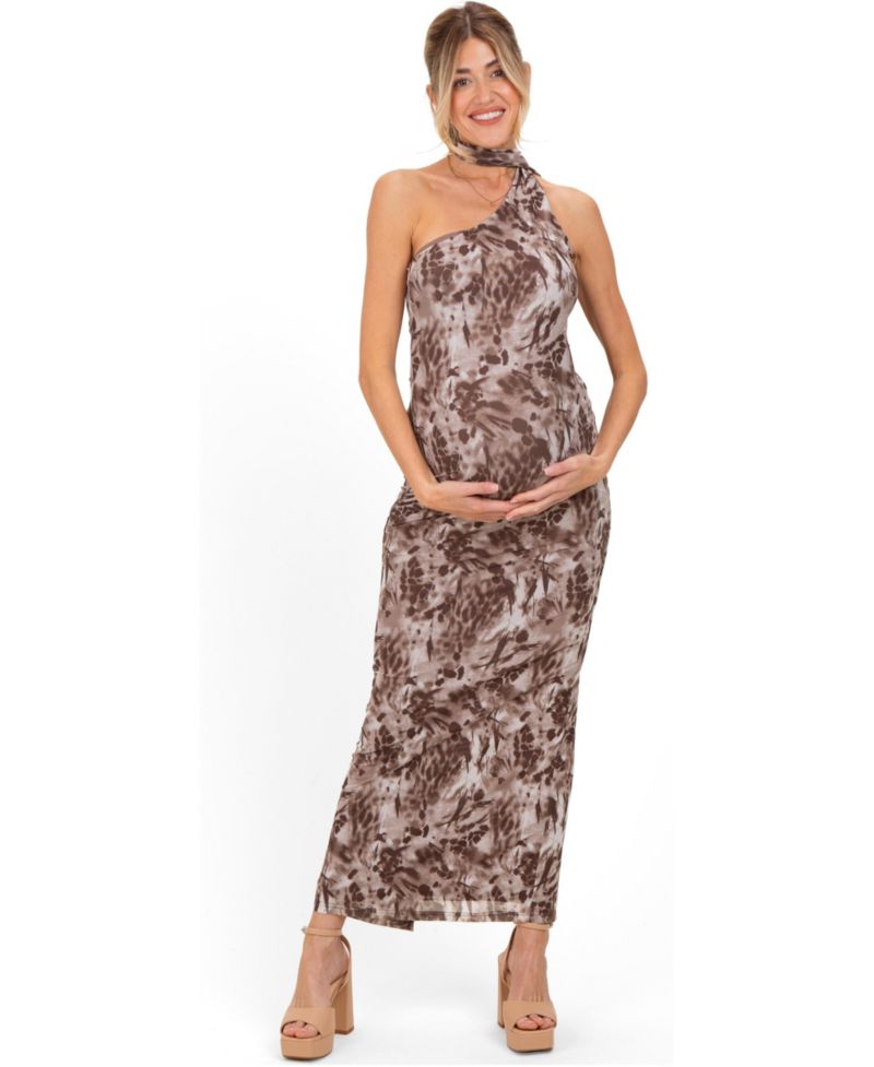 Women's Mocha Printed Halter Maxi Dress