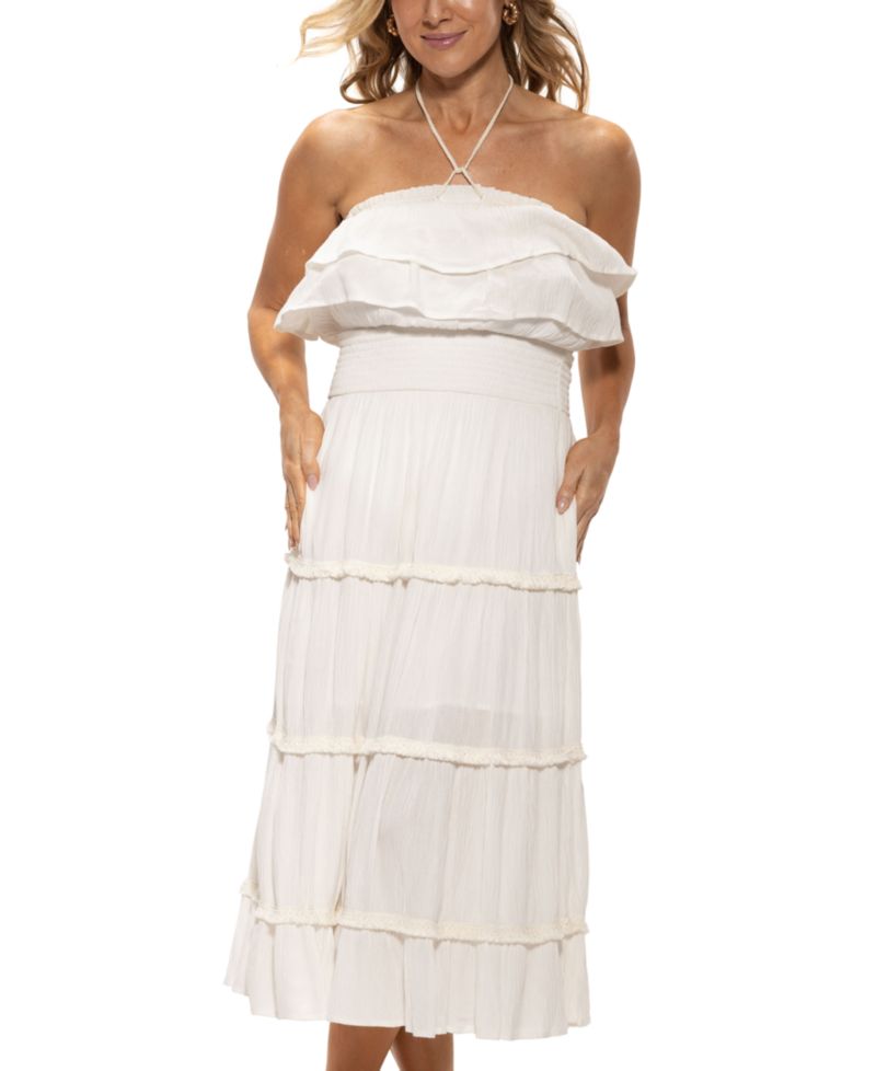 Women's Ruffled Smocked-Waist Tiered Cover-Up Dress