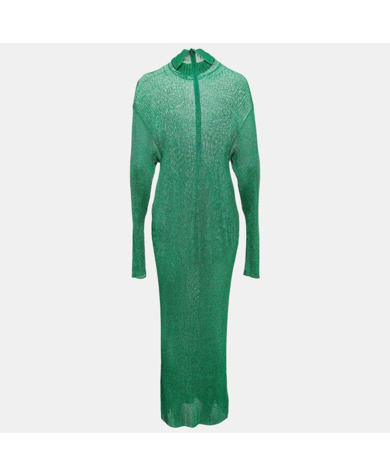 Women's Green Metallic Rib Knit Turtle Neck Maxi Dress
