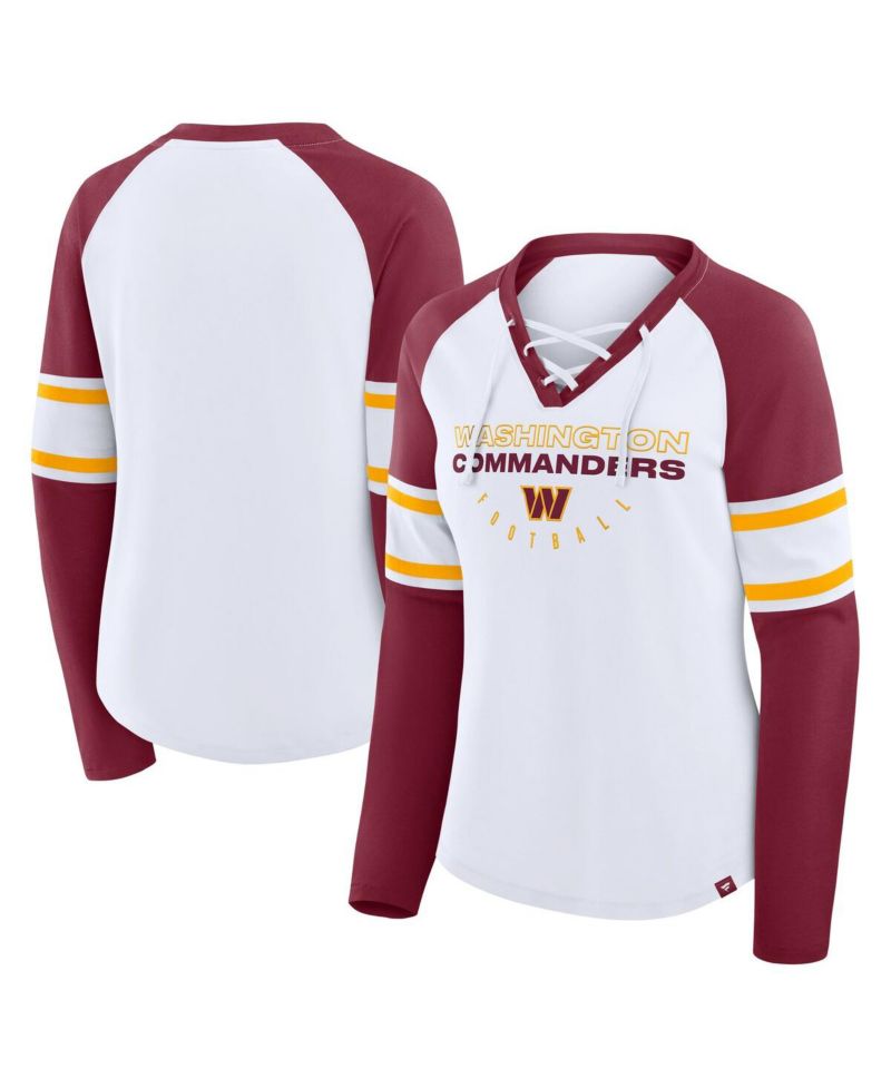 Women's White/Burgundy Washington Commanders Redzone Blitz Package Raglan Lace-Up V-Neck Long Sleeve T-Shirt