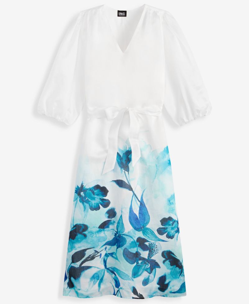 Petite V-Neck Puff-Sleeve Dress