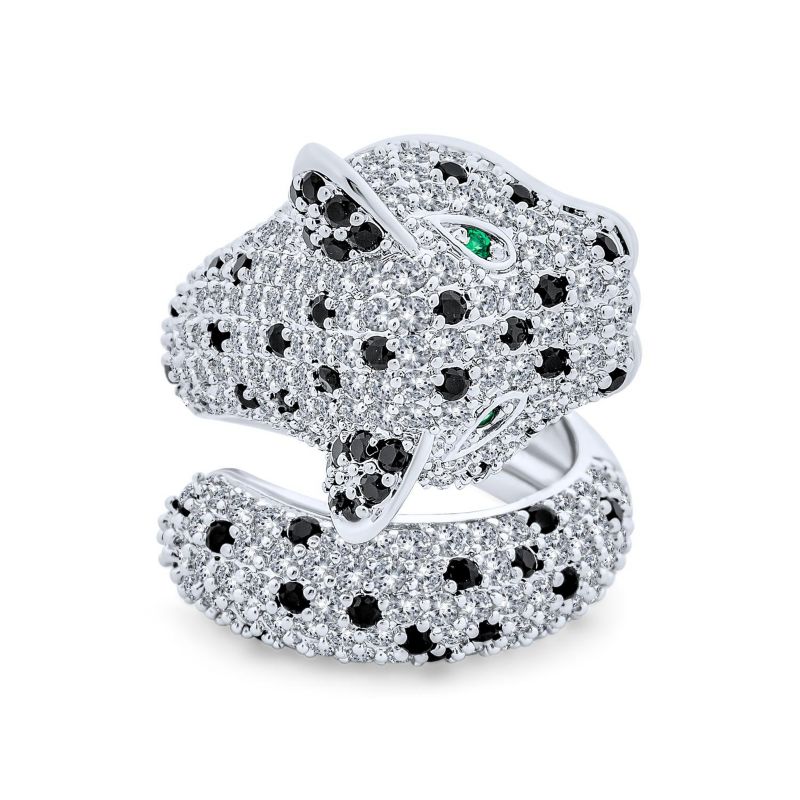Animal Black White CZ Leopard Panther Cocktail Statement Ring Silver Plated