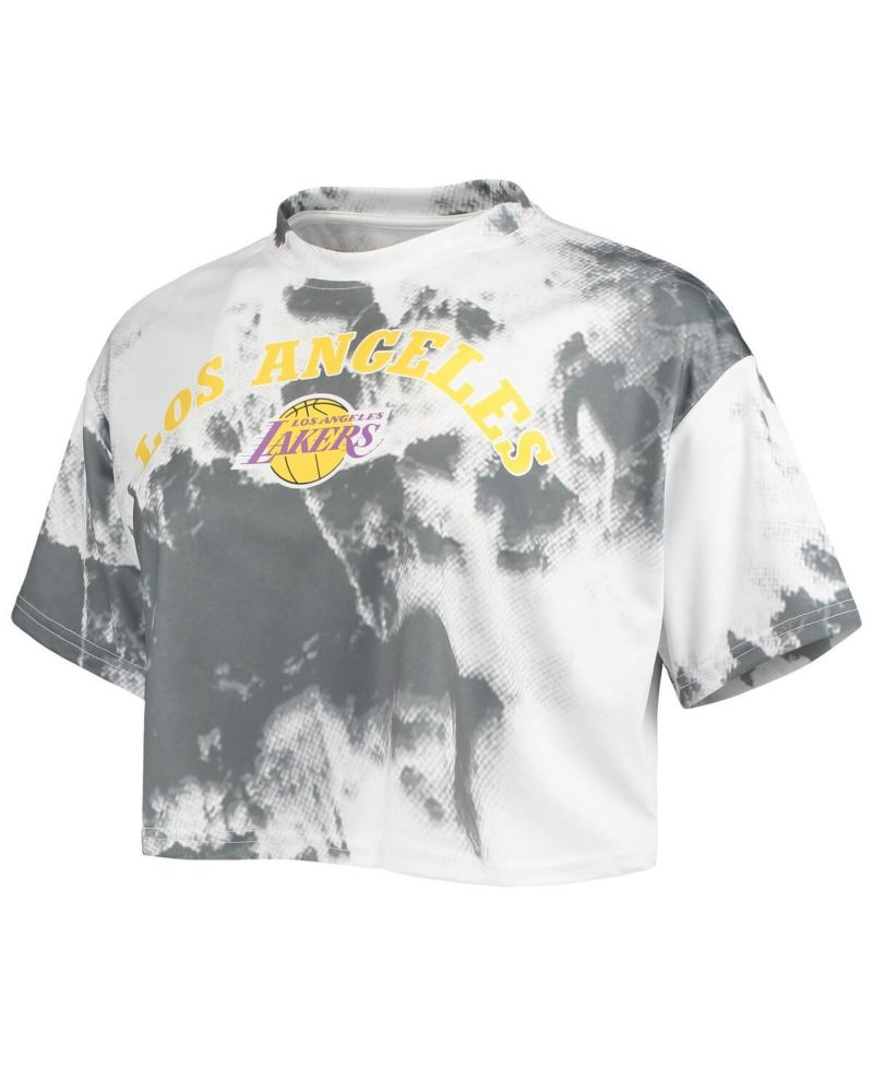Women's White, Black Los Angeles Lakers Tie-Dye Crop Top and Shorts Set