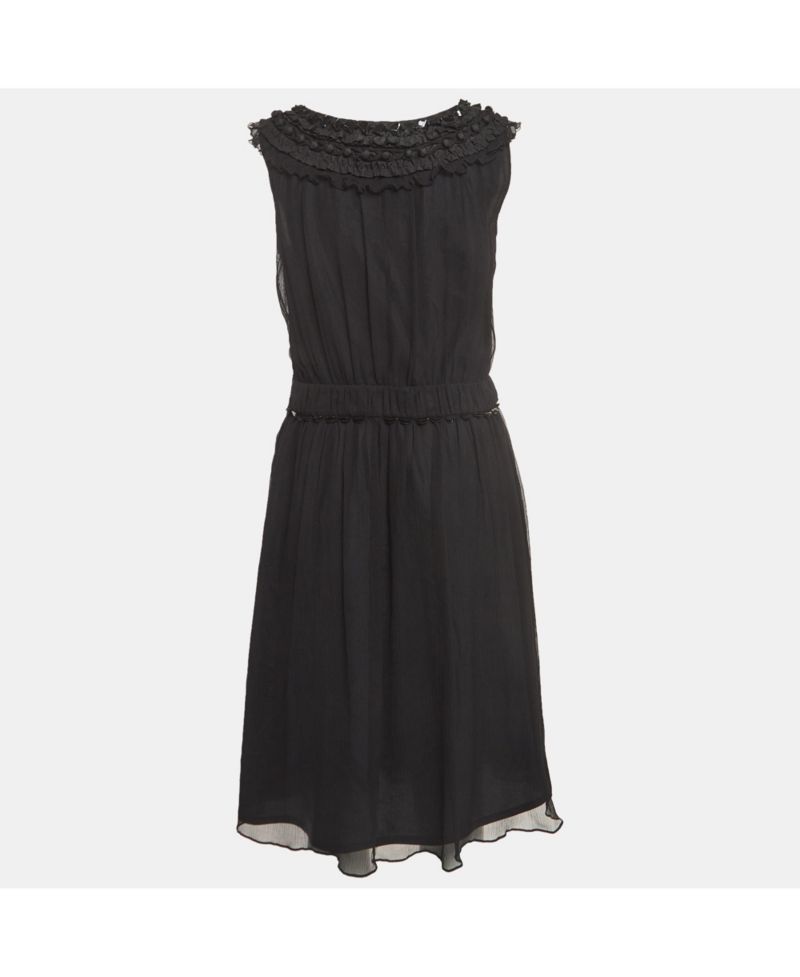 Women's Cheap and Chic Vintage Black Silk Midi Dress with Metal Embellished Neck
