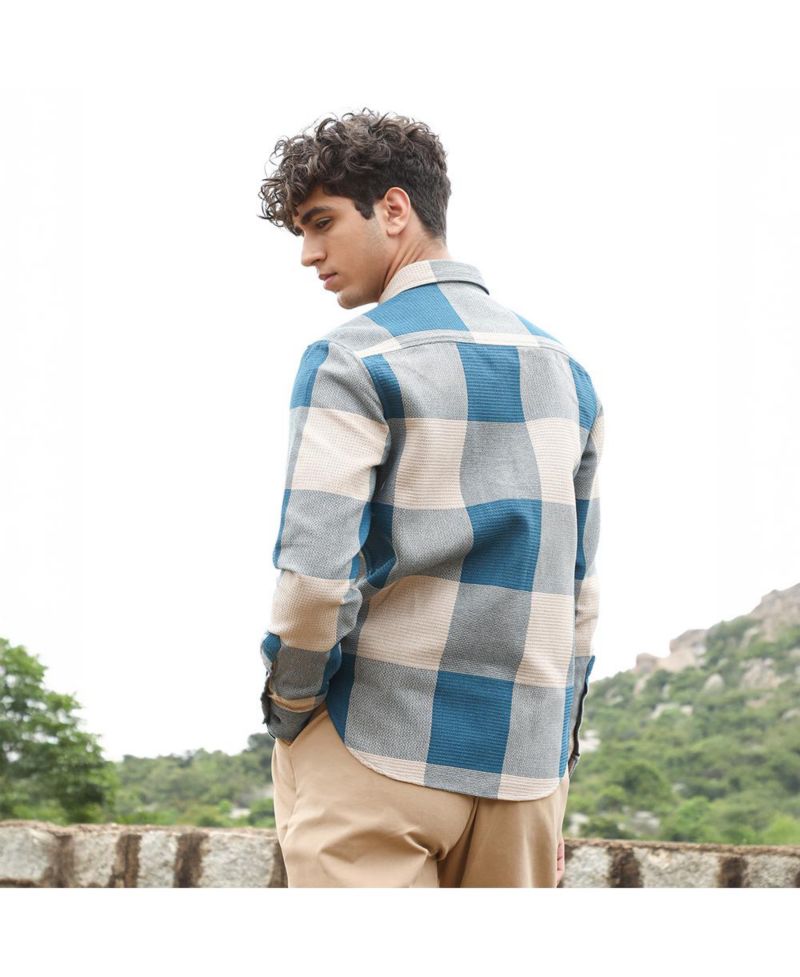 Men's Azure Blue & Off-White Buffalo-Woven Regular Shirt