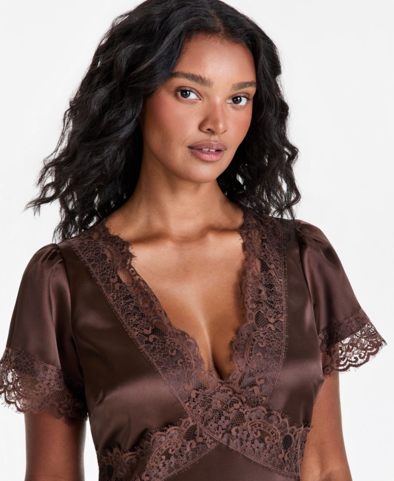 Petite V-Neck Lace-Trim Midi Satin Slip Dress