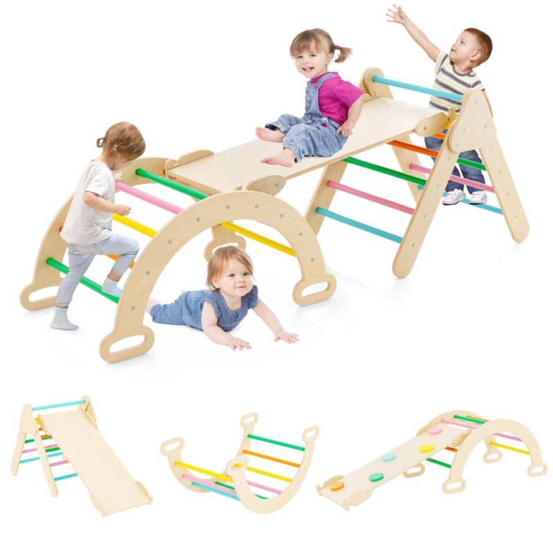 3-in-1 Wooden Climber with Triangle, Arch, and Ramp, 3-Piece Set