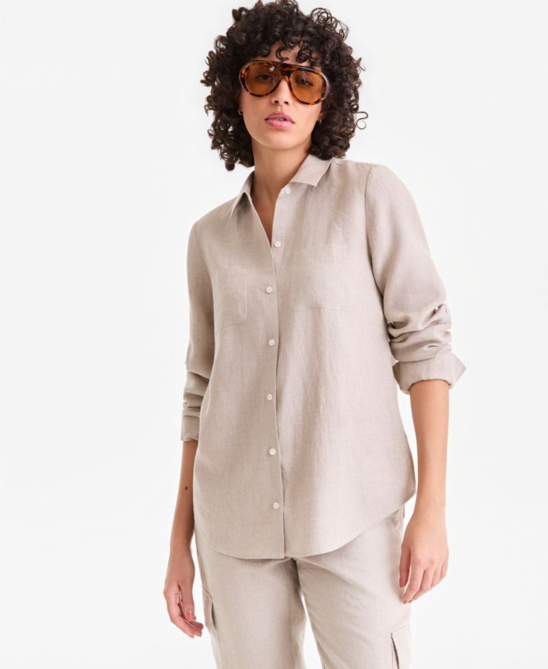 Petite 100% Linen Button-Front Shirt