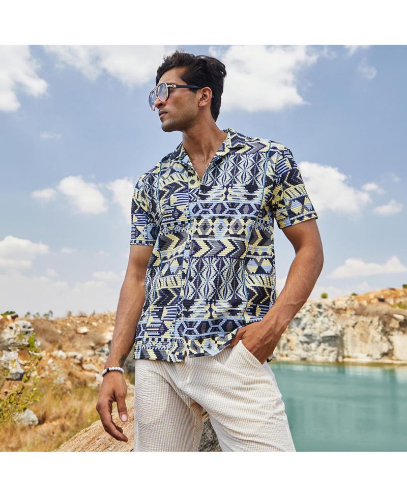 Men's Sky Blue & Lemon Yellow Bohemian Shirt