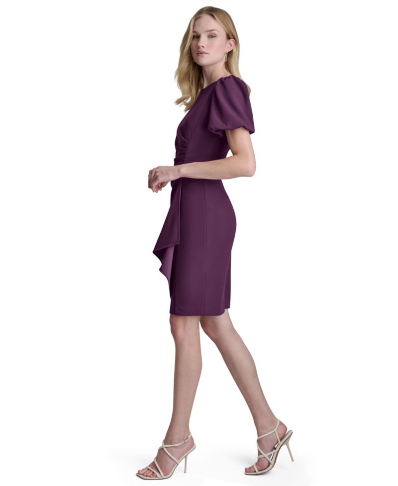 Women's Bubble-Sleeve Scuba Crepe Ruched Sheath Dress