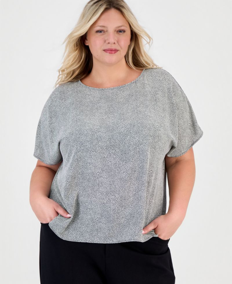 Plus Size Printed Bateau-Neck Short-Sleeve Blouse