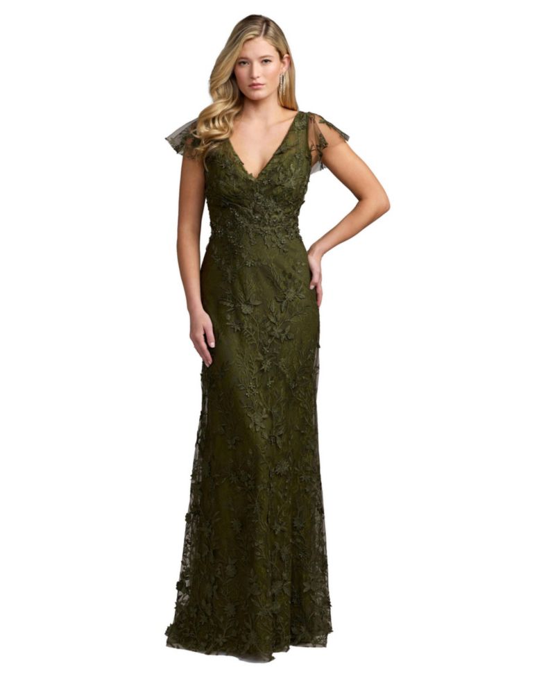 Women's Petite V-Neckline Embroidered Applique Wrap Over Flutter Sleeve Gown