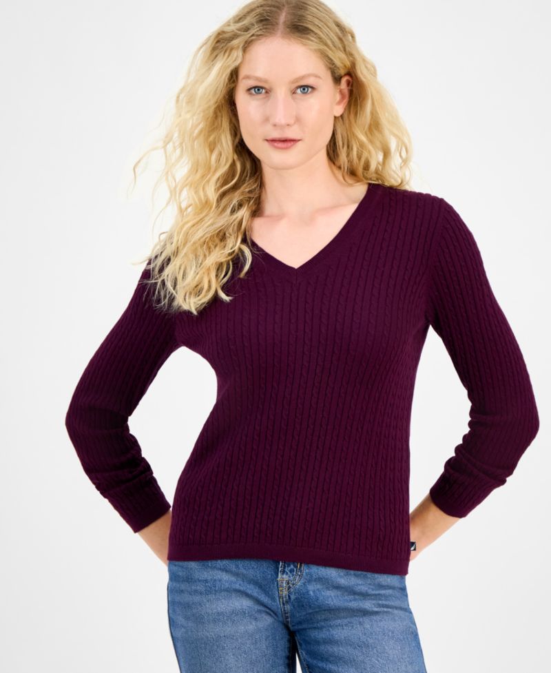 Nautica Women's V-neck Cable Knit Sweater, Online Only