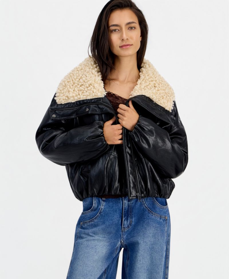 Women's Sherpa-Lined Faux Leather Moto Bomber Jacket